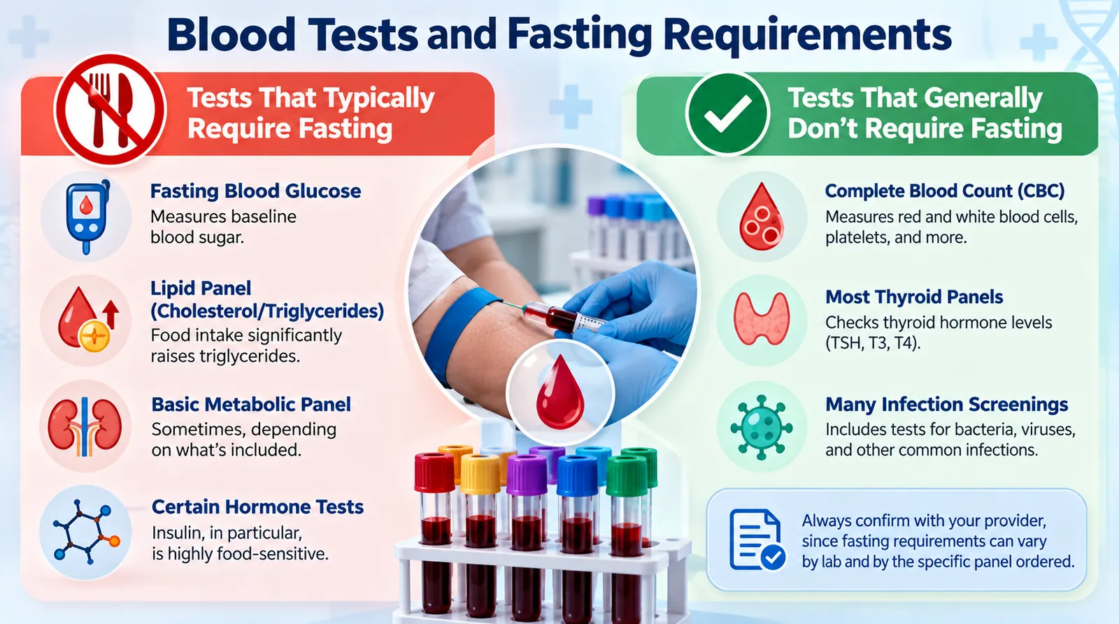 Infographic of blood tests that require fasting before bloodwork