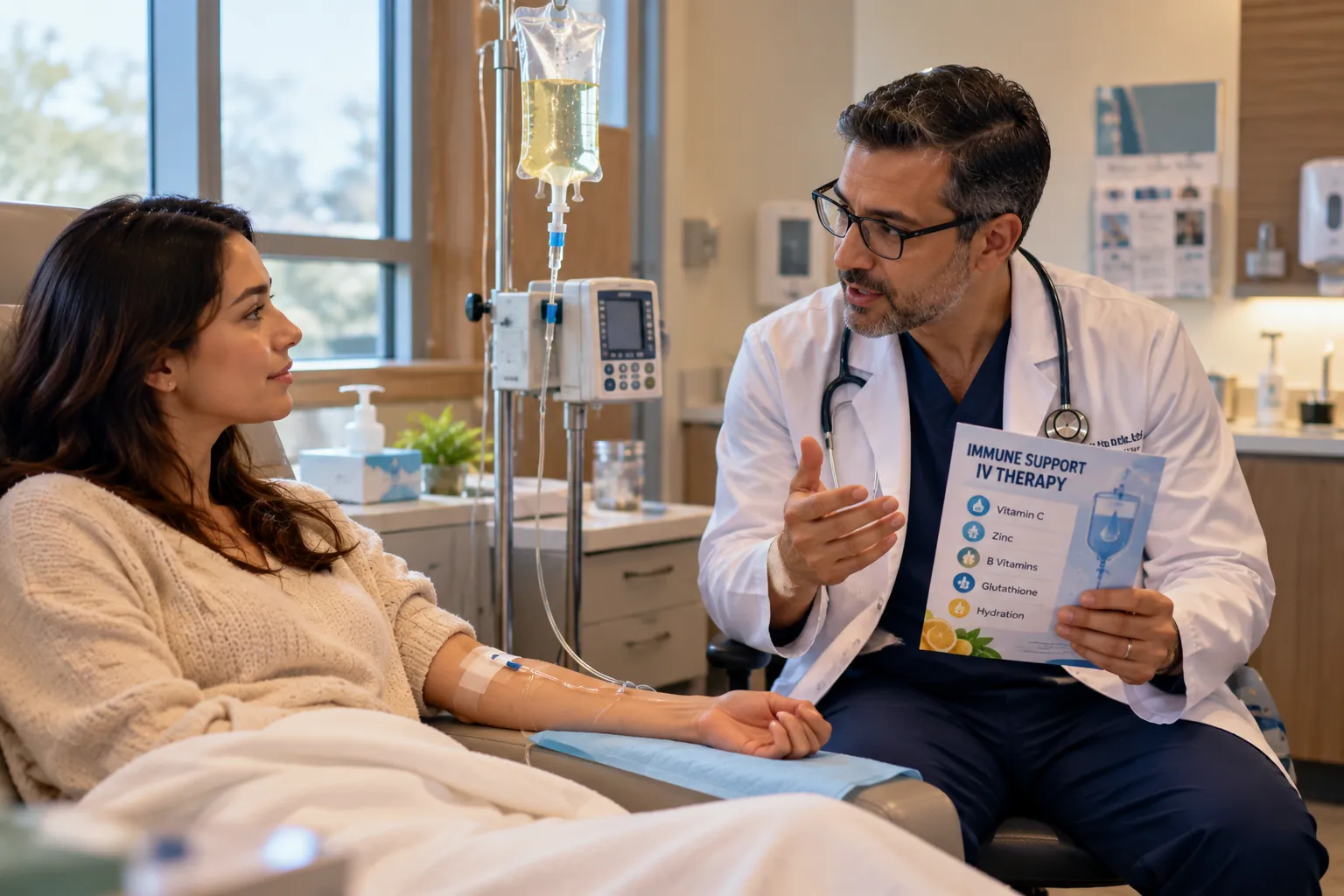 Doctor discussing immune boost IV infusion options with a patient