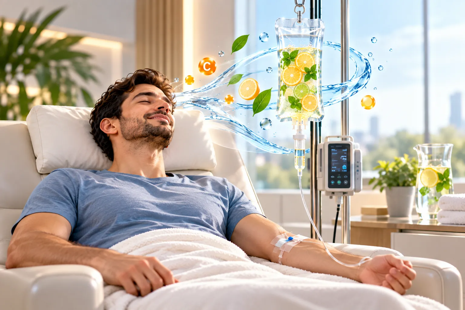 Person receiving hangover IV therapy to recover from dehydration