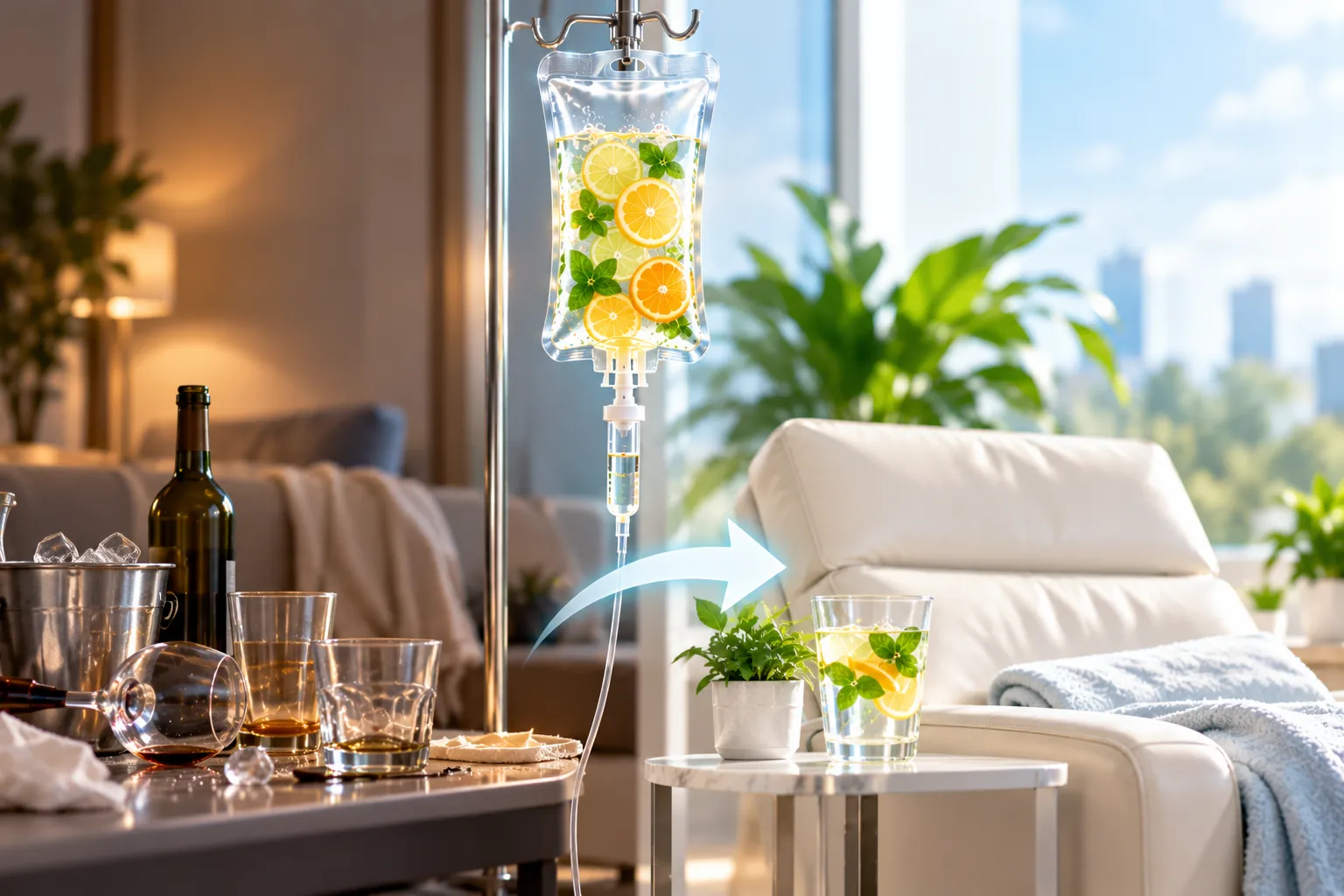Person feeling refreshed after IV drip for dehydration treatment