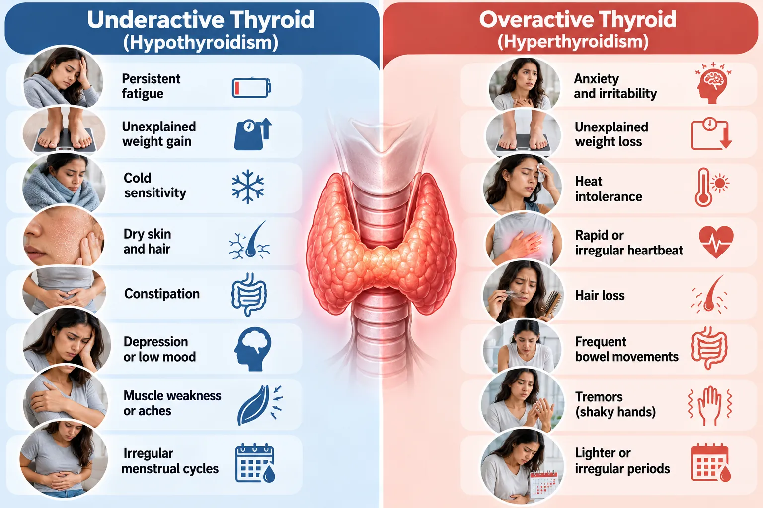 Infographic comparing symptoms of hypothyroidism and hyperthyroidism