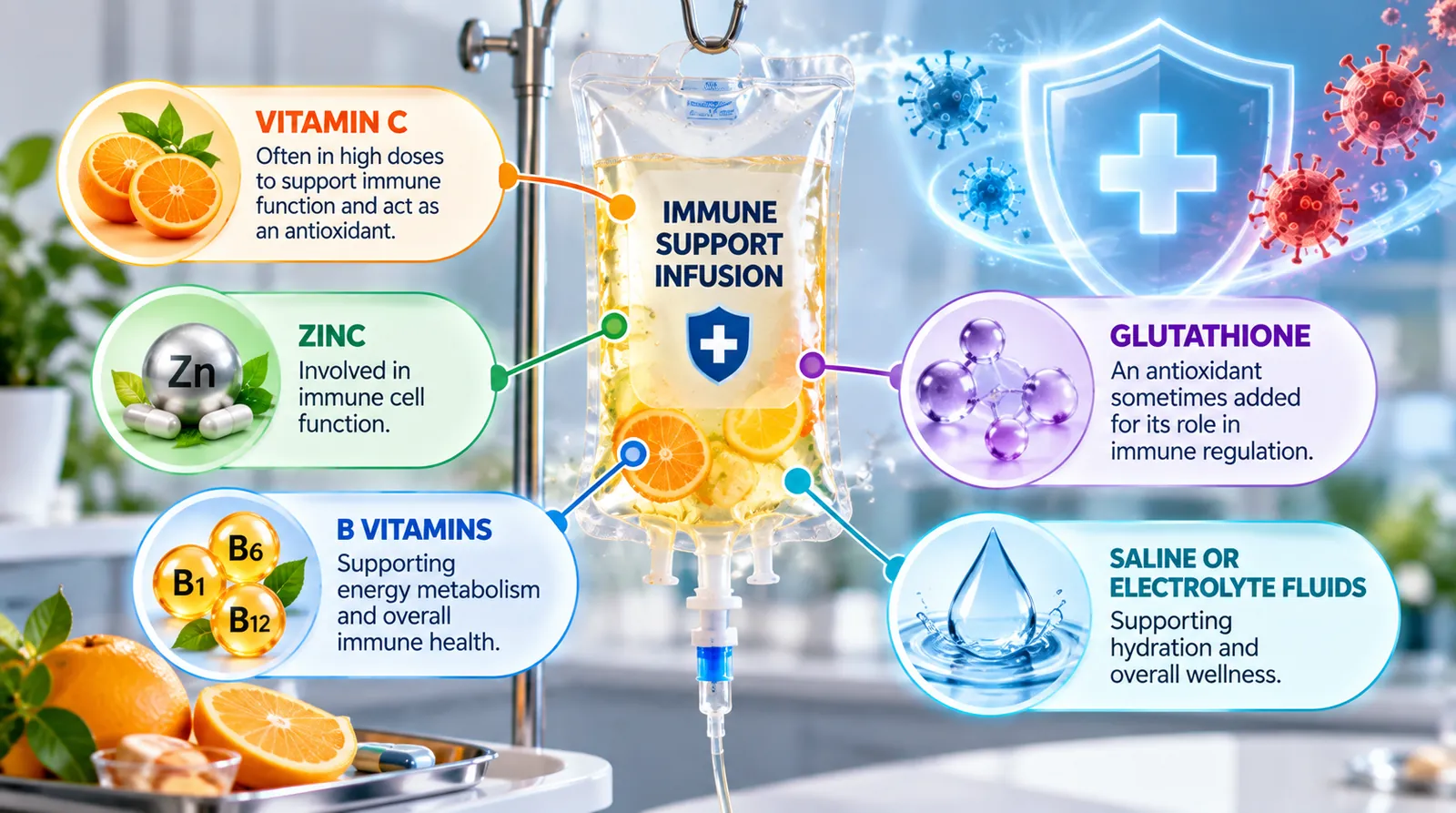 Infographic of common ingredients in an immune boost IV infusion