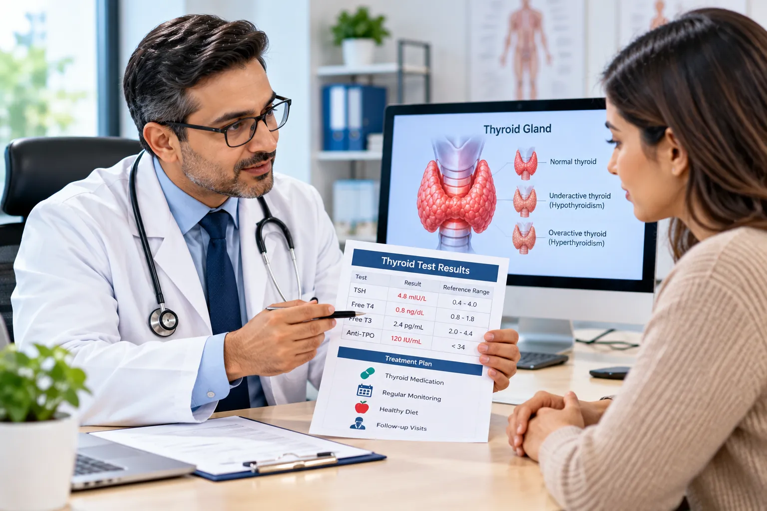 Doctor discussing thyroid testing and treatment results with a patient