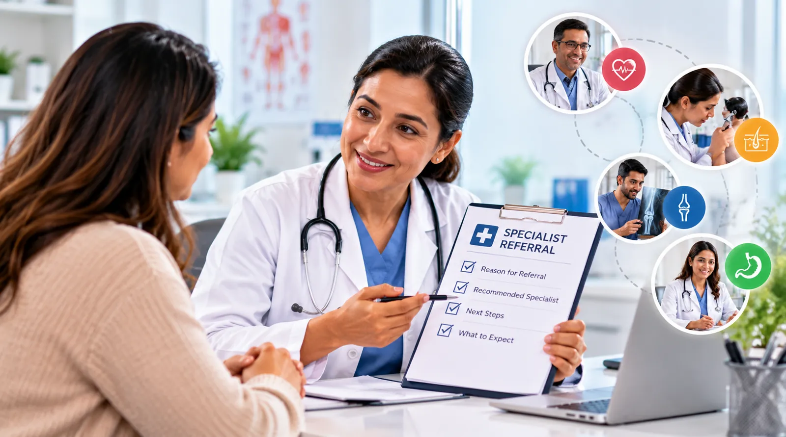 Doctor explaining how medical referrals work during a primary care visit