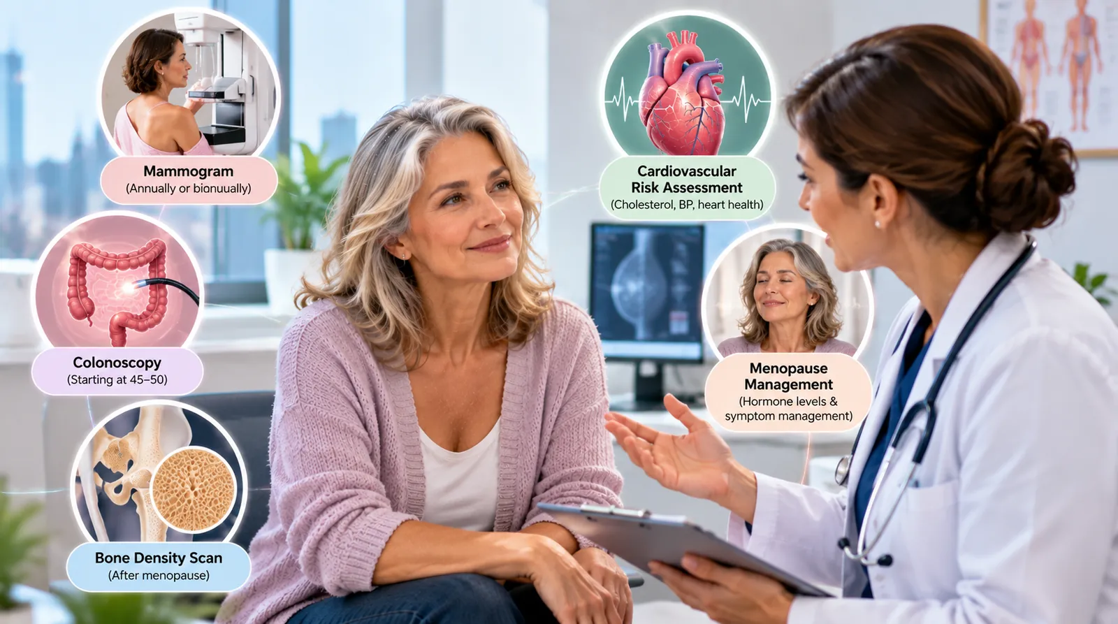 Woman receiving women's health screening during her 50s checkup