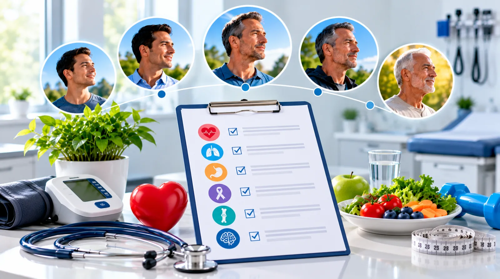 Healthcare infographic illustrating preventive care across different stages of men's lives, with age progression portraits, a medical screening checklist, heart and lung health icons, cancer screening symbols, bone health, blood pressure monitor, stethoscope, and healthy lifestyle elements.