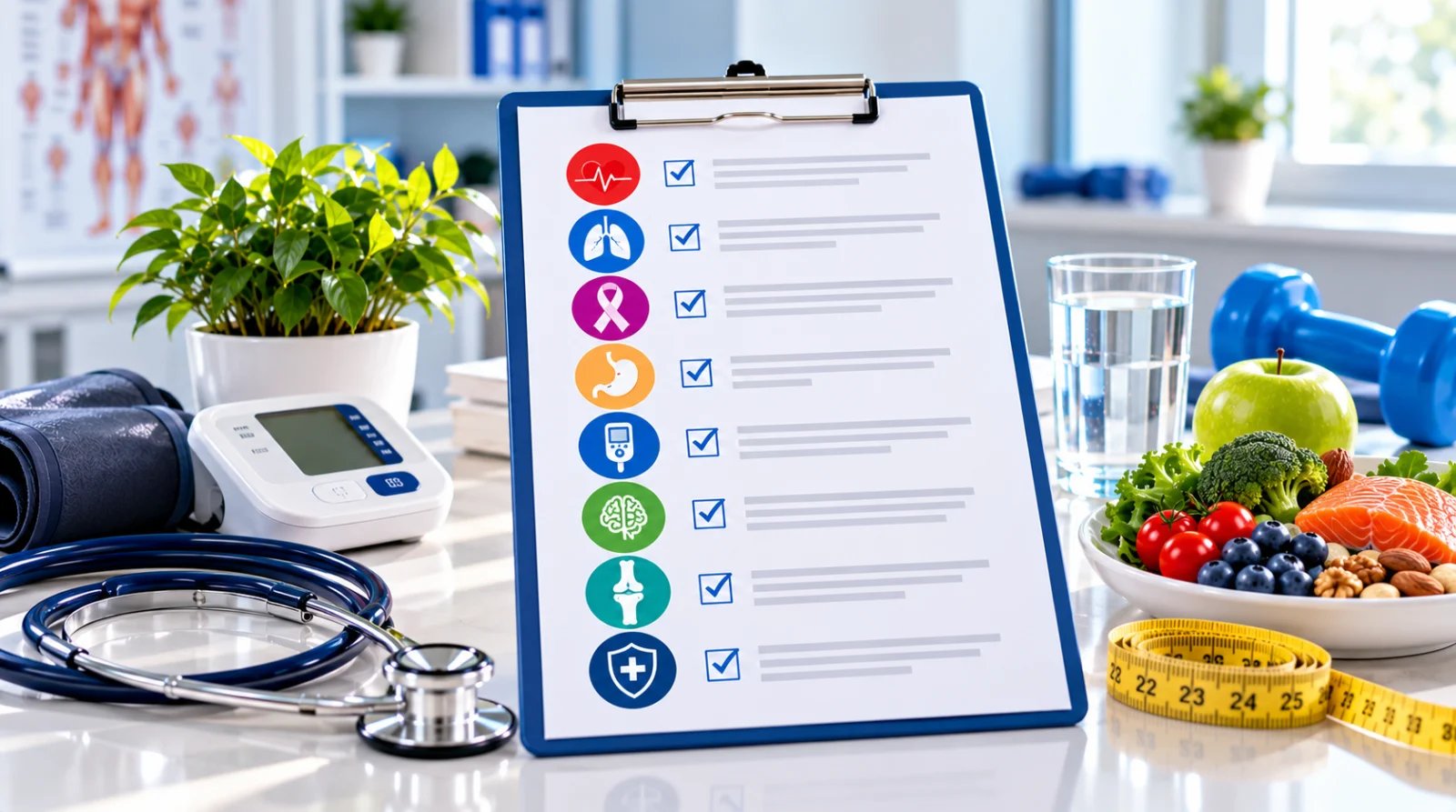 Practical preventive health screening checklist displayed on a clipboard, surrounded by a stethoscope, blood pressure monitor, and healthy lifestyle items, representing heart, lung, cancer, diabetes, brain, and bone health screenings.