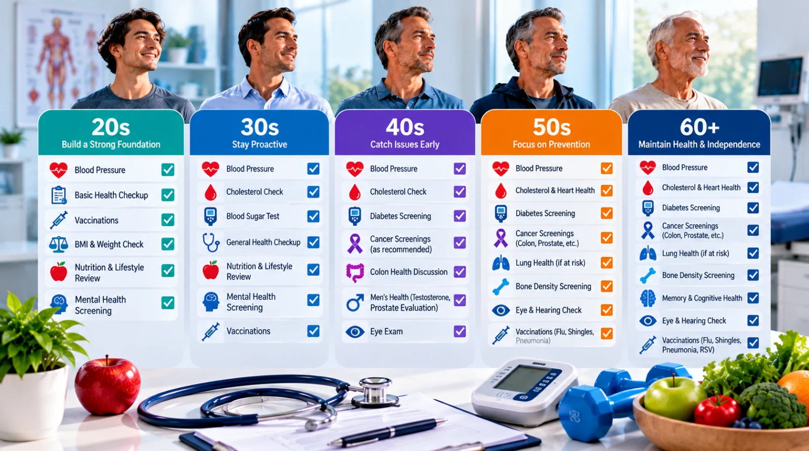 Age-wise health screening checklist for men in their 20s, 30s, 40s, 50s, and 60+, featuring age progression portraits and recommended checks for blood pressure, cholesterol, diabetes, cancer, bone density, mental health, and overall wellness.