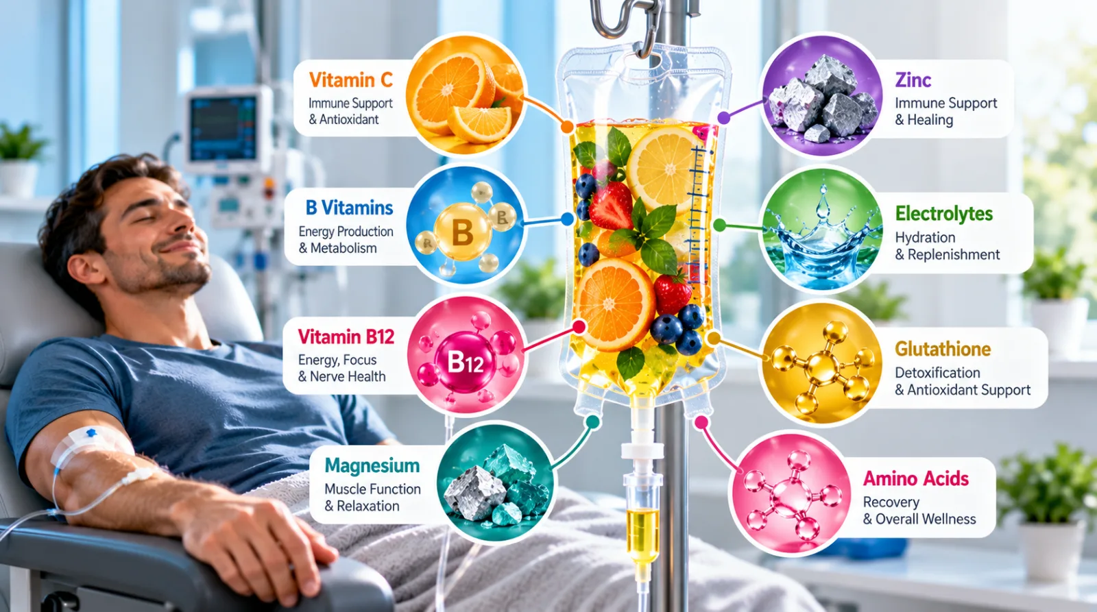 Patient receiving an IV vitamin and mineral infusion in a modern clinic, with an illustrated infusion bag and ingredient callouts highlighting vitamin C, B vitamins, B12, magnesium, zinc, electrolytes, glutathione, and amino acids.
