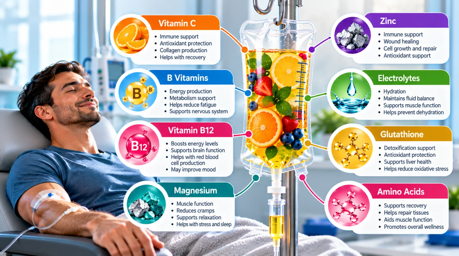 Medical infographic showing a patient receiving an IV vitamin and mineral infusion, with a central infusion bag and ingredient illustrations highlighting vitamin C, B vitamins, B12, magnesium, zinc, electrolytes, glutathione, and amino acids.