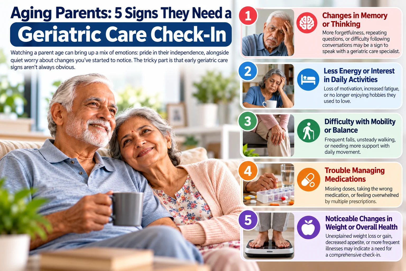 Infographic featuring an elderly couple and five signs that aging parents may need a geriatric care check-in: memory changes, reduced energy, mobility or balance difficulties, medication management problems, and noticeable changes in weight or overall health.
