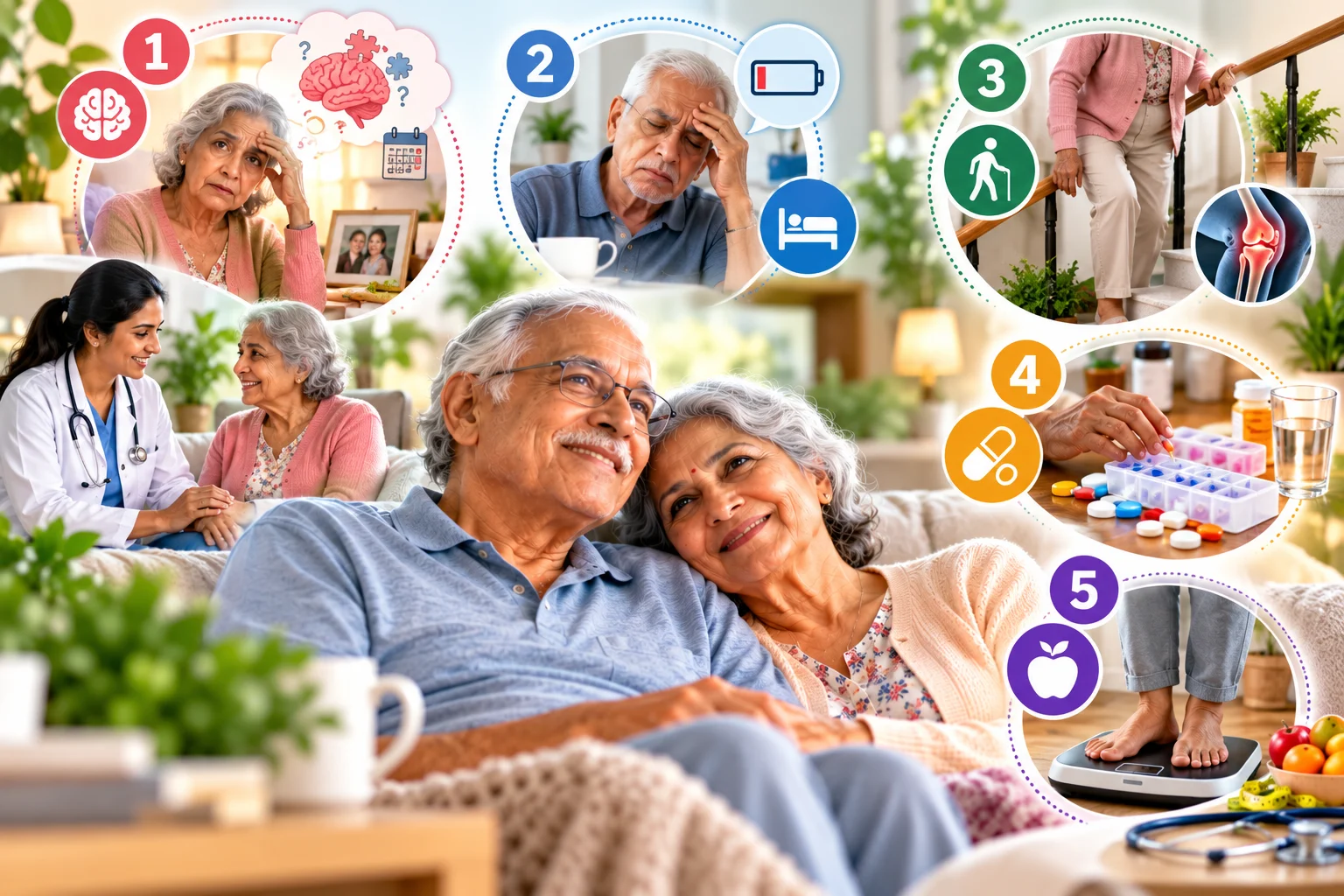 Visual guide featuring an elderly couple, a doctor consulting a senior woman, and five illustrated signs that may indicate a need for geriatric care: memory changes, low energy, mobility difficulties, medication management challenges, and weight or health changes.