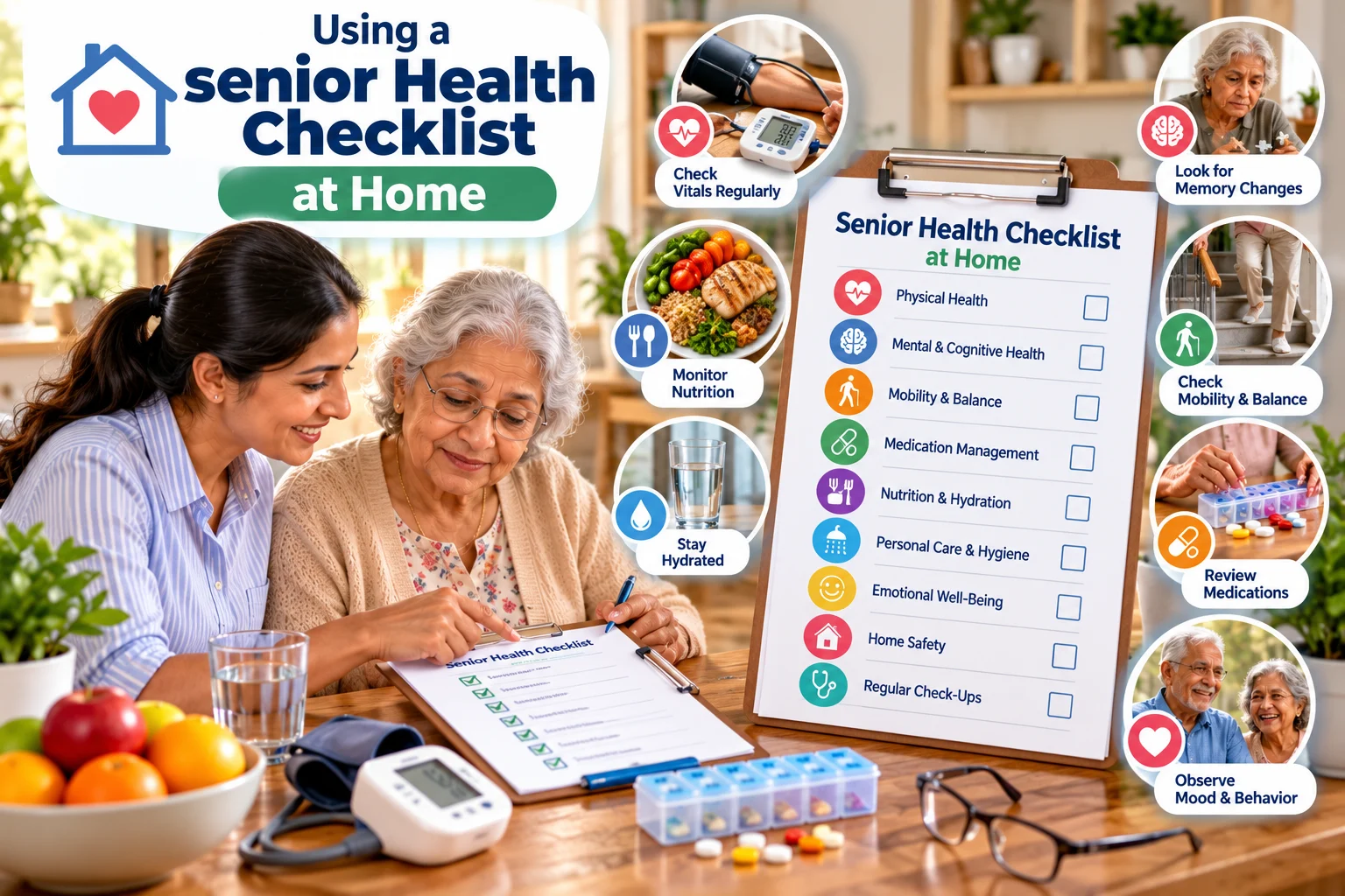 Caregiver helping an elderly woman review a senior health checklist at home, surrounded by visual reminders for monitoring vital signs, nutrition, hydration, memory, mobility, medication management, emotional well-being, home safety, and regular checkups.