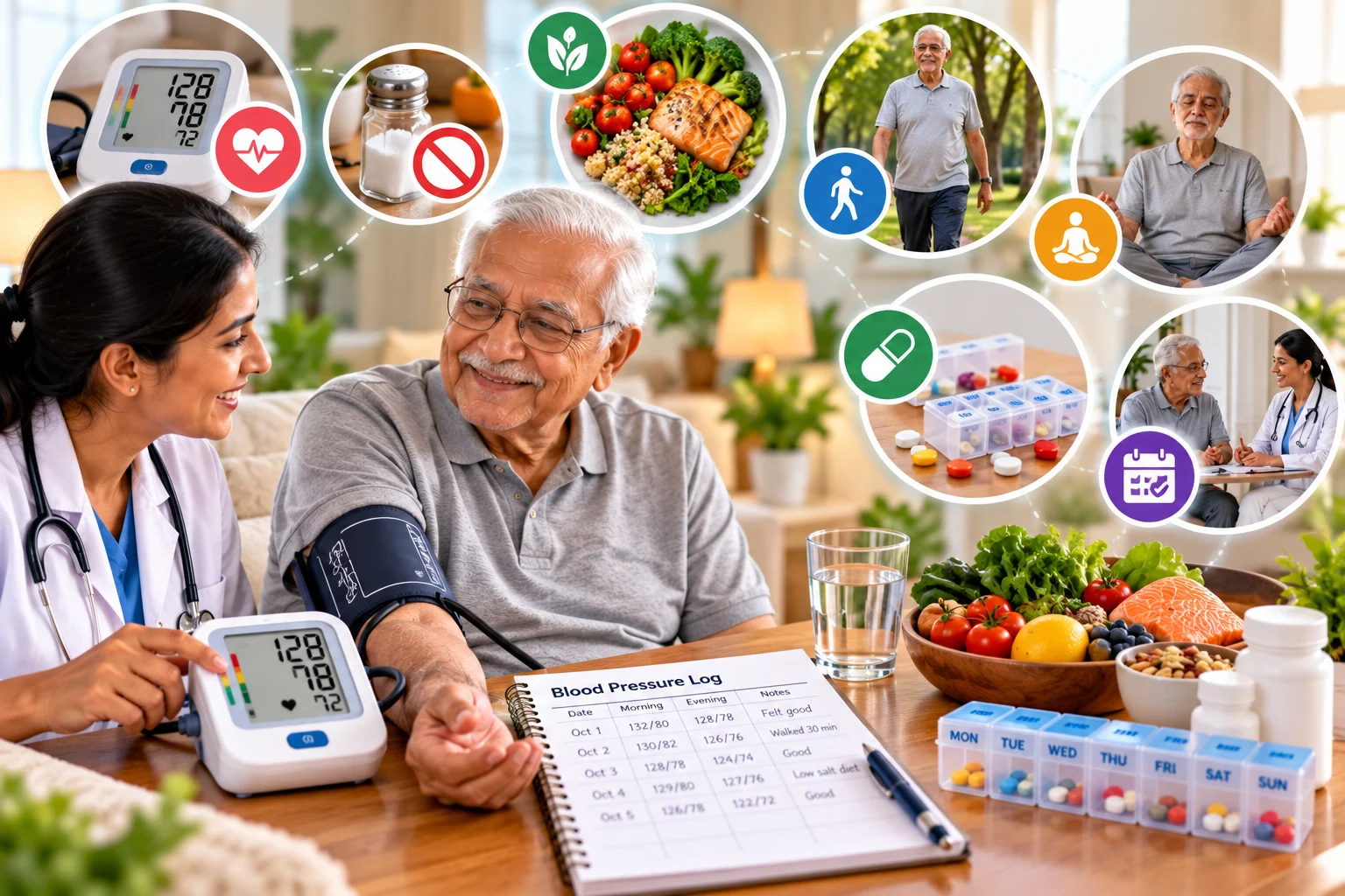 Elderly man having his blood pressure checked by a healthcare professional, with visuals of a blood pressure monitor, low-sodium foods, walking, relaxation, medication management, and regular medical checkups to illustrate hypertension management.