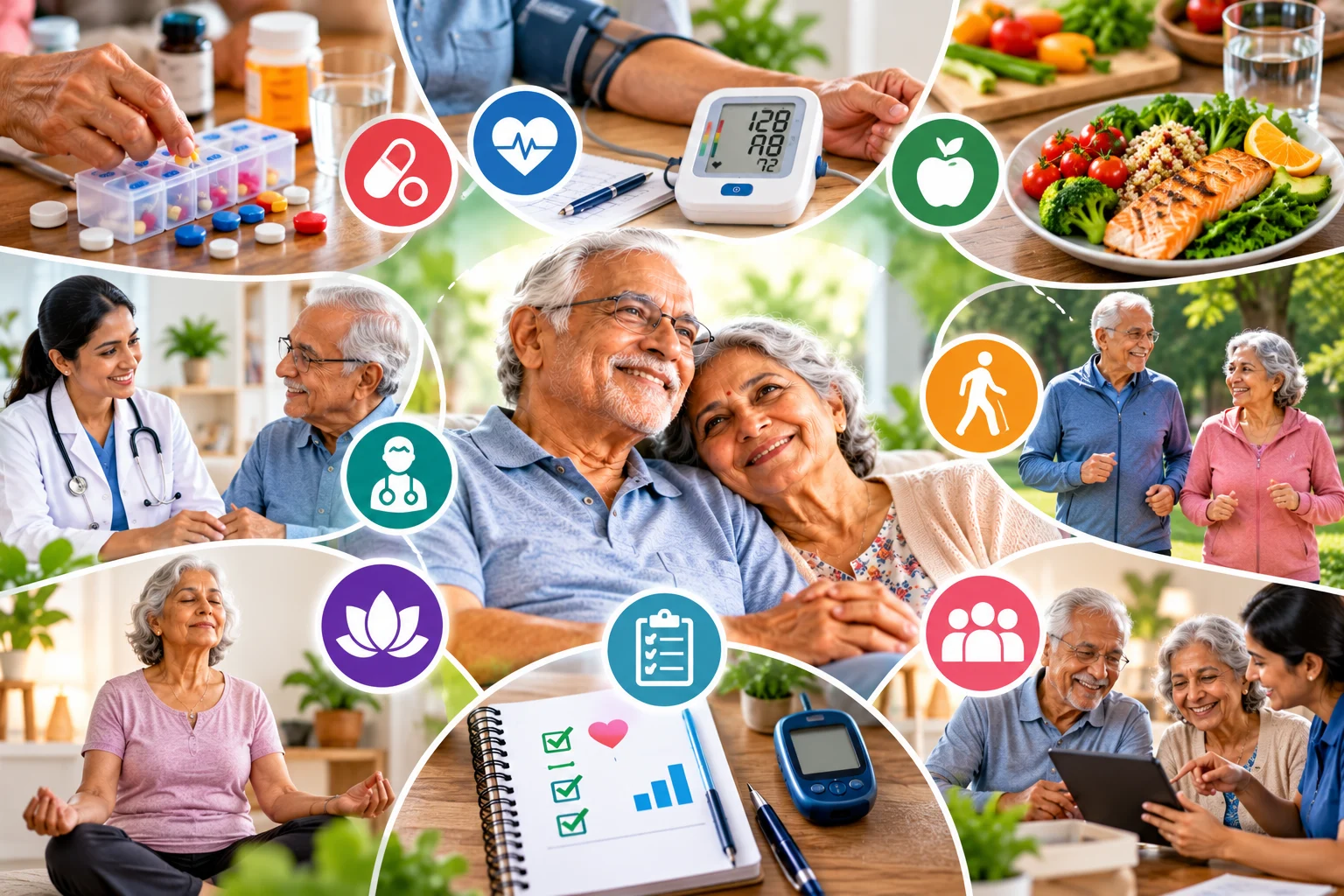 Illustration of effective chronic disease management featuring an elderly couple, doctor consultation, blood pressure and glucose monitoring, medication management, healthy nutrition, physical activity, mental wellness, and regular health checkups.
