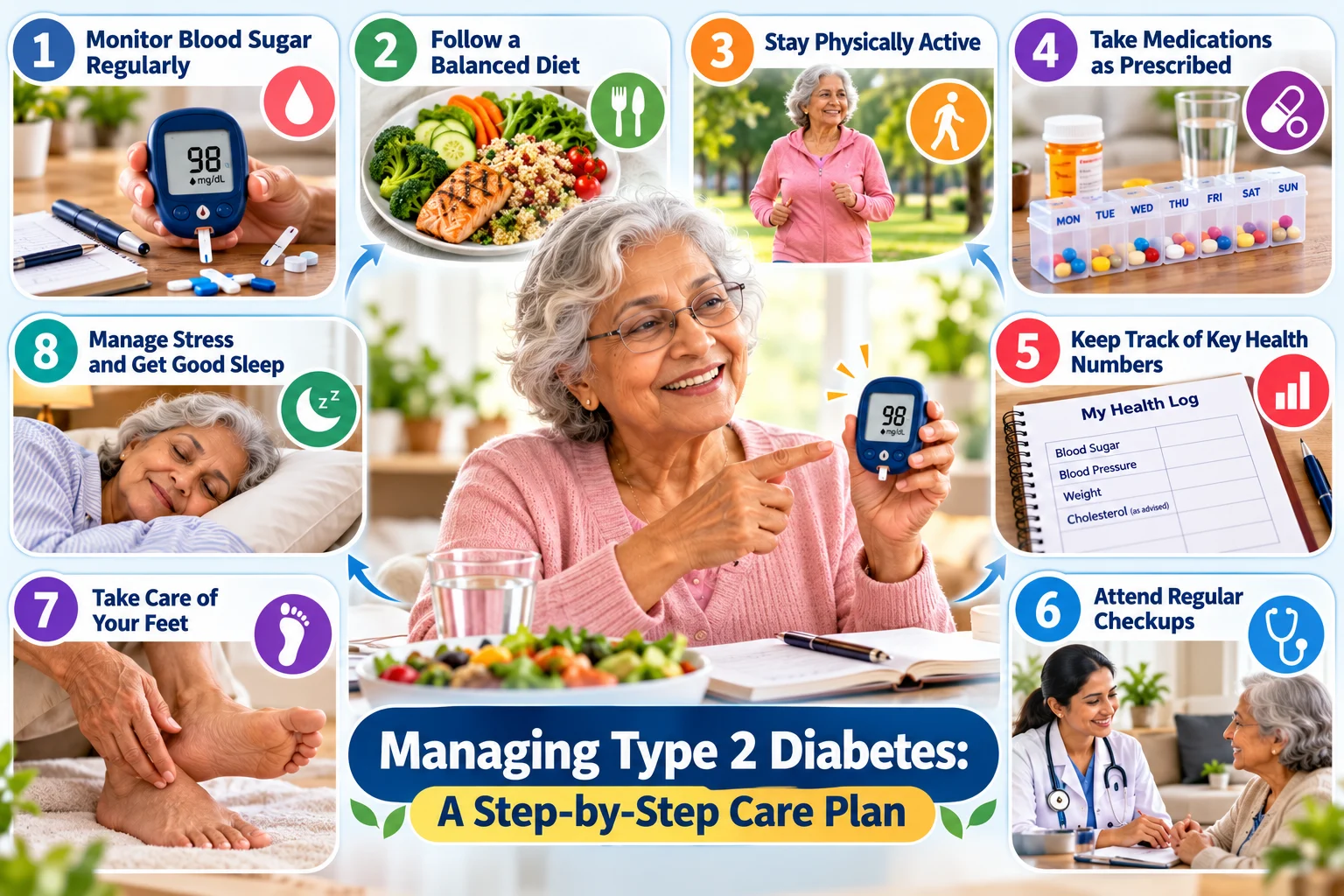 Infographic showing an eight-step Type 2 diabetes care plan, including blood sugar monitoring, balanced diet, physical activity, prescribed medication, health tracking, regular checkups, foot care, and stress management.