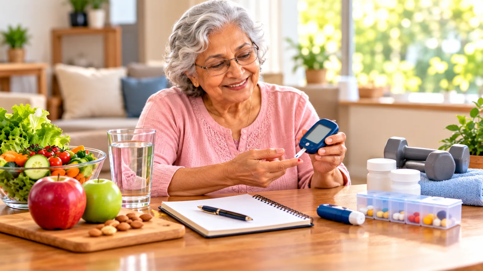 Elderly woman checking her blood glucose at home, with healthy food, water, medication organizer, exercise equipment, and a health journal representing daily Type 2 diabetes management.