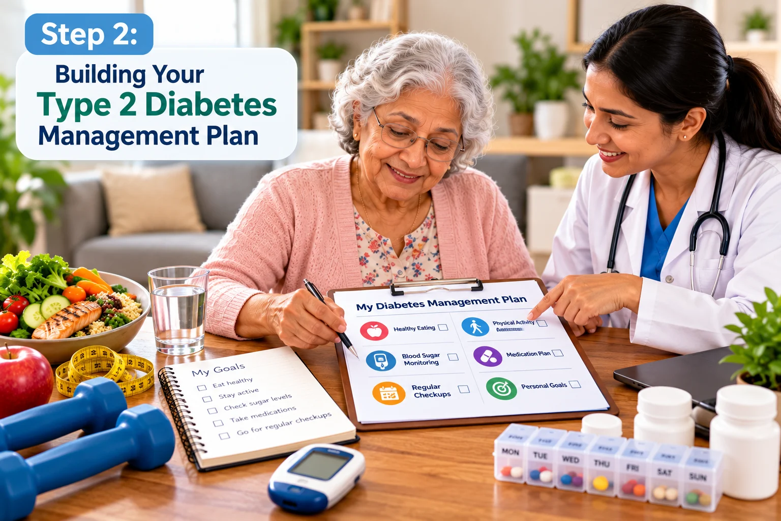 Elderly woman working with a healthcare professional to build a personalized Type 2 diabetes management plan, covering healthy eating, physical activity, blood sugar monitoring, medication, regular checkups, and personal health goals.