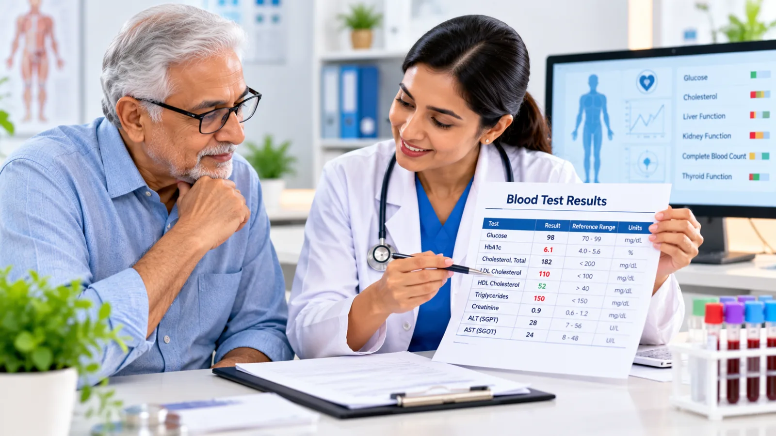 Doctor explaining a blood test report to an older patient, with results for glucose, HbA1c, cholesterol, kidney function, liver function, and other health markers displayed in a modern clinic.