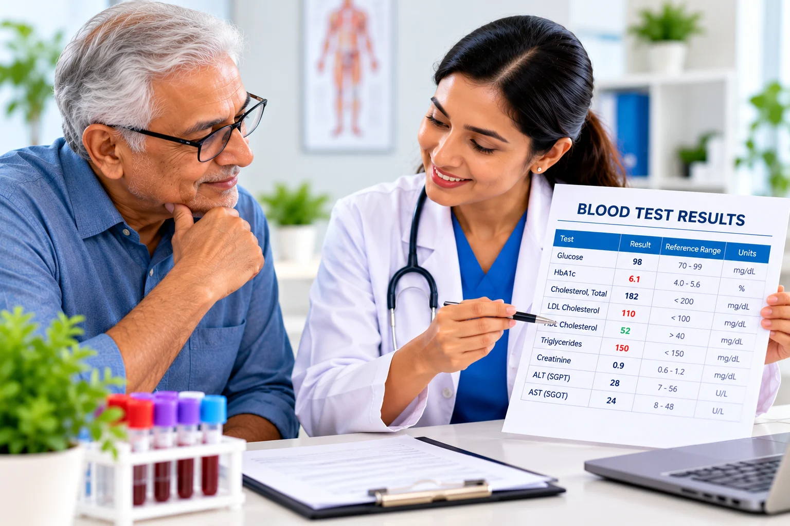 Female doctor explaining a blood test report to an older male patient in a modern clinic, with glucose, HbA1c, cholesterol, triglycerides, and other health markers shown on the report.