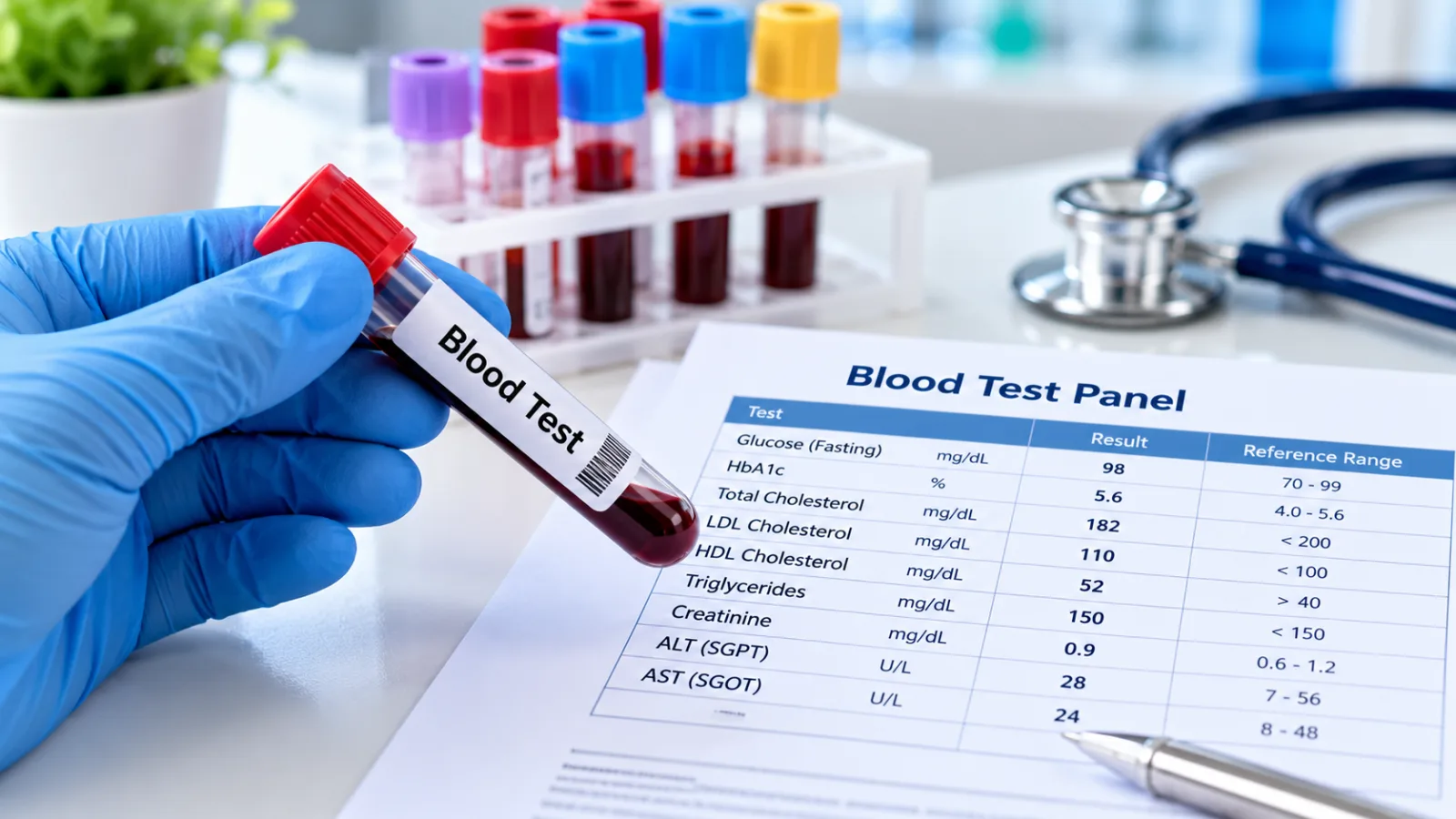 Close-up of a blood sample tube held by a gloved hand beside a blood test panel report listing glucose, HbA1c, cholesterol, triglycerides, creatinine, and liver function tests.