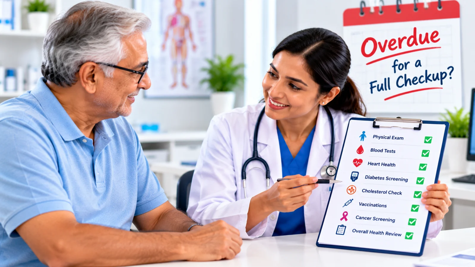 Female doctor discussing an overdue full health checkup with an older male patient, using a checklist covering physical examination, blood tests, heart health, diabetes, cholesterol, vaccinations, and cancer screening.