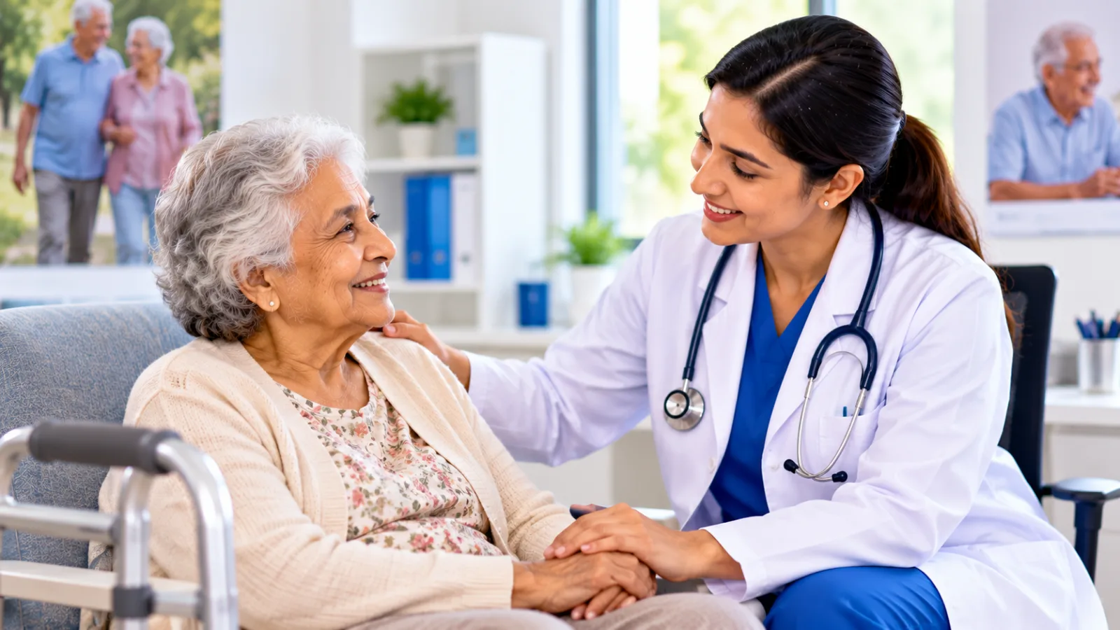 Female healthcare professional providing geriatric care to an elderly woman in a modern clinic, offering support during a reassuring senior health consultation.