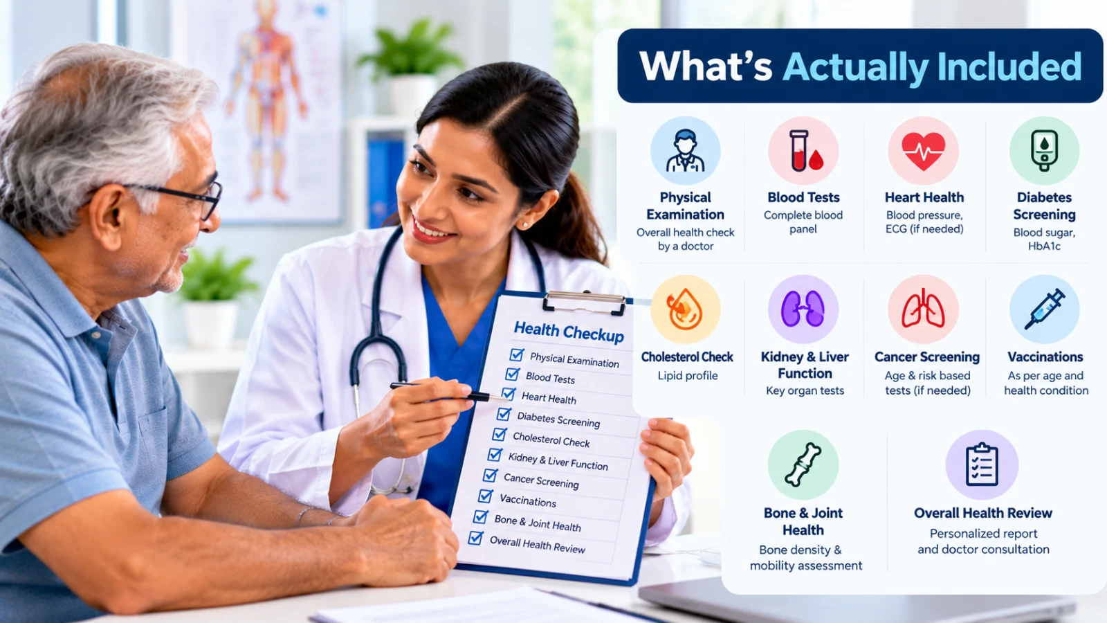 Female doctor explaining a comprehensive health checkup to an older male patient, alongside an infographic showing physical examination, blood tests, heart health, diabetes screening, cholesterol, kidney and liver function, cancer screening, vaccinations, bone health, and overall health review.