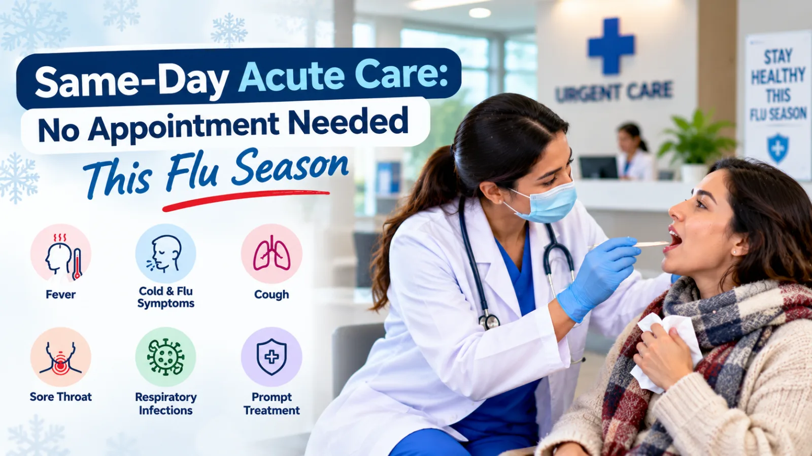 Healthcare provider examining a patient with flu-like symptoms at an urgent care clinic, alongside illustrations of fever, cold and flu symptoms, cough, sore throat, respiratory infections, and same-day acute care.