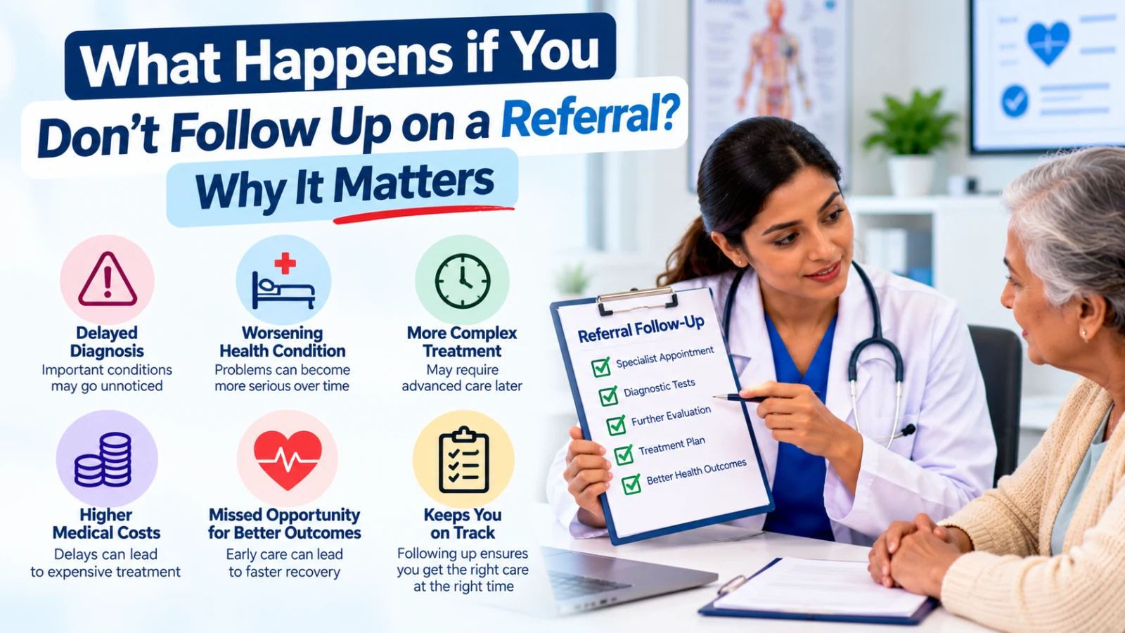Female doctor explaining a medical referral follow-up checklist to an older patient, with infographic icons illustrating delayed diagnosis, worsening health conditions, complex treatment, higher medical costs, and the importance of timely specialist care.