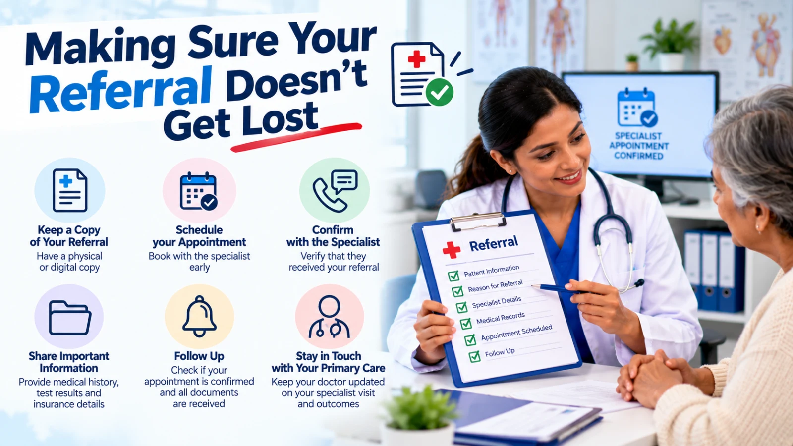 Female doctor reviewing a medical referral checklist with an older patient, illustrating how to keep referral copies, schedule specialist appointments, confirm receipt, share medical records, follow up, and update the primary care doctor.