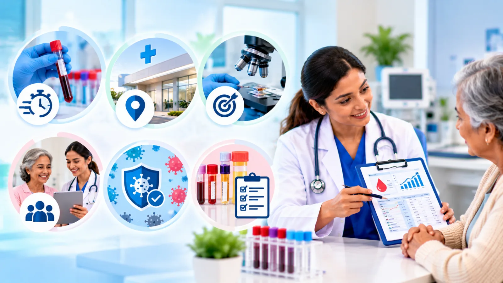 Female doctor reviewing diagnostic test results with an older patient in a modern clinic, surrounded by circular visuals of blood sample collection, a healthcare facility, laboratory testing, patient care, infection prevention, and diagnostic test reports.