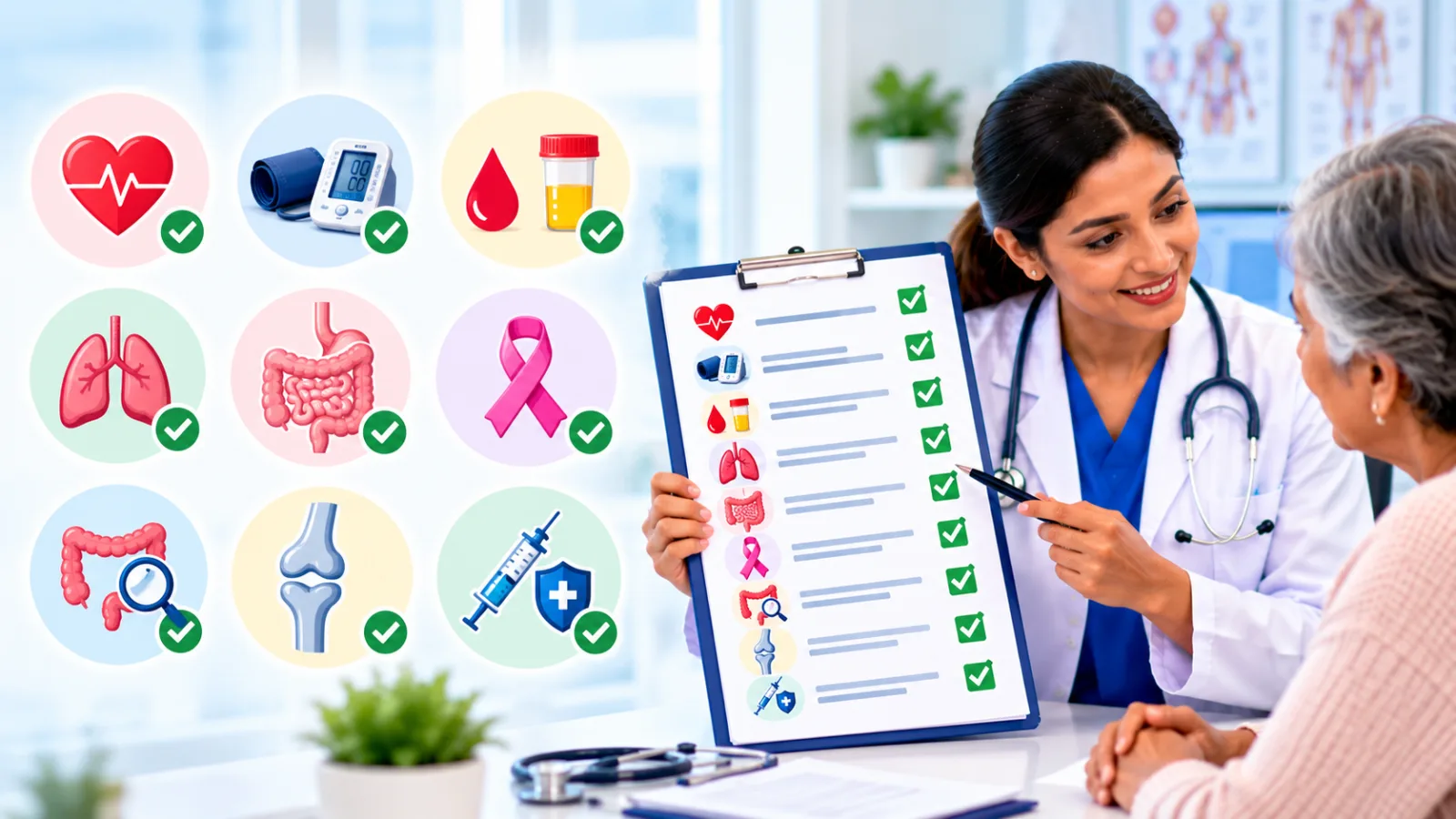 Female doctor reviewing a preventive health screening checklist with an older woman in a modern clinic, surrounded by icons representing heart health, blood pressure, blood and urine tests, lung health, digestive screening, breast cancer screening, colon screening, bone health, and vaccinations.