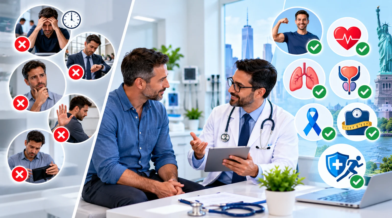 Male doctor discussing preventive health checkups with a male patient in a modern clinic, surrounded by visuals representing common barriers to checkups, heart health, lung health, prostate screening, cancer awareness, weight management, and overall men's wellness, with the New York skyline in the background.