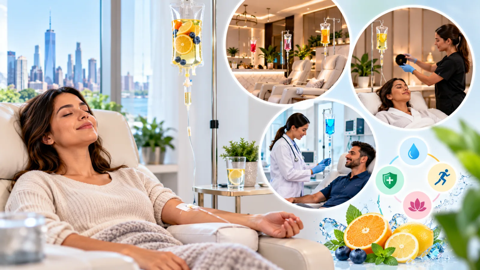 Woman relaxing in a wellness clinic while receiving an IV infusion, with additional scenes showing professional IV therapy, modern drip lounges, vitamin infusion bags, hydration, and wellness care.