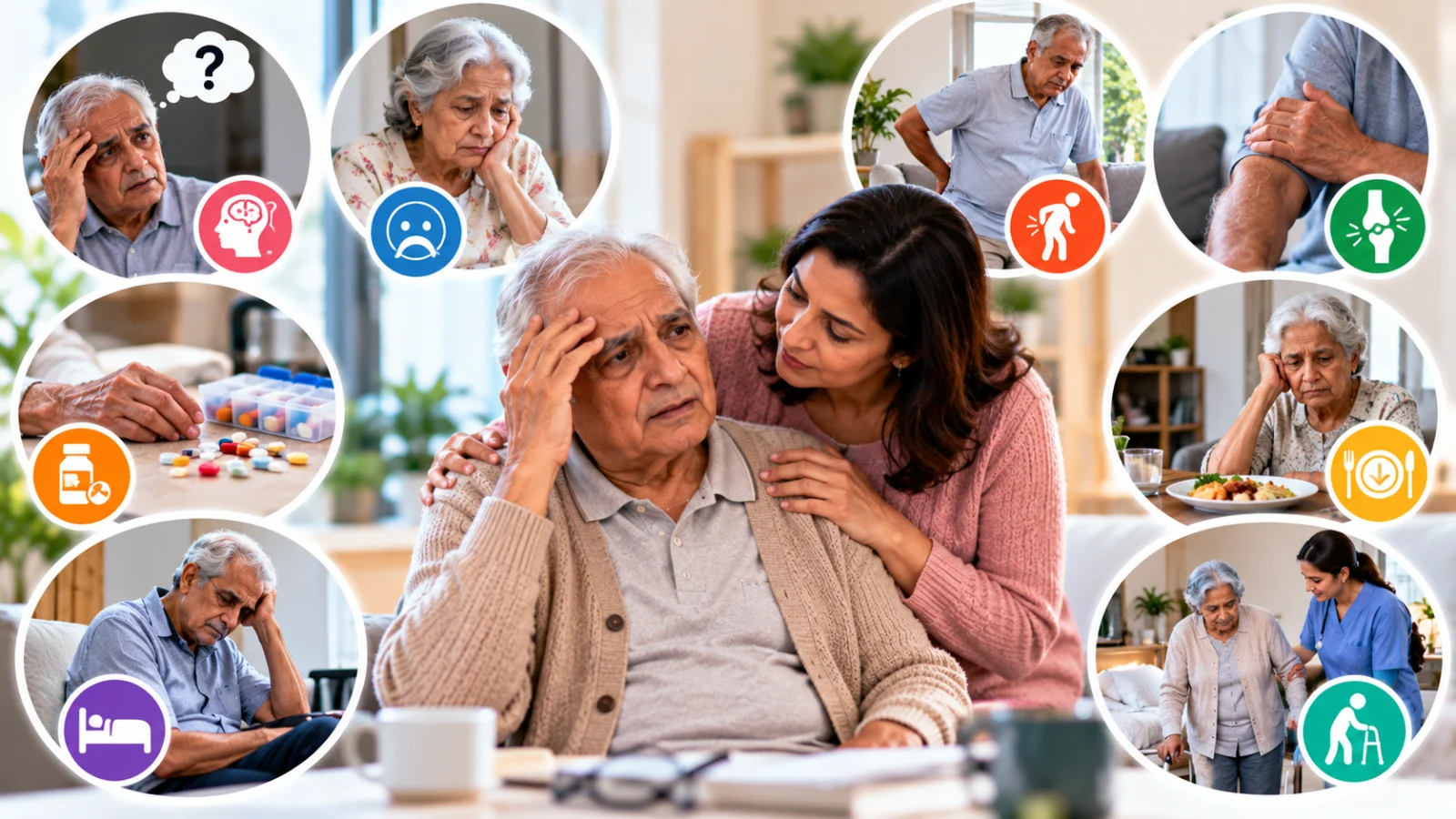 Older man receiving support from a family member, surrounded by scenes illustrating common signs that may require geriatric care, including memory changes, mood changes, joint pain, medication difficulties, fatigue, appetite changes, and mobility challenges.