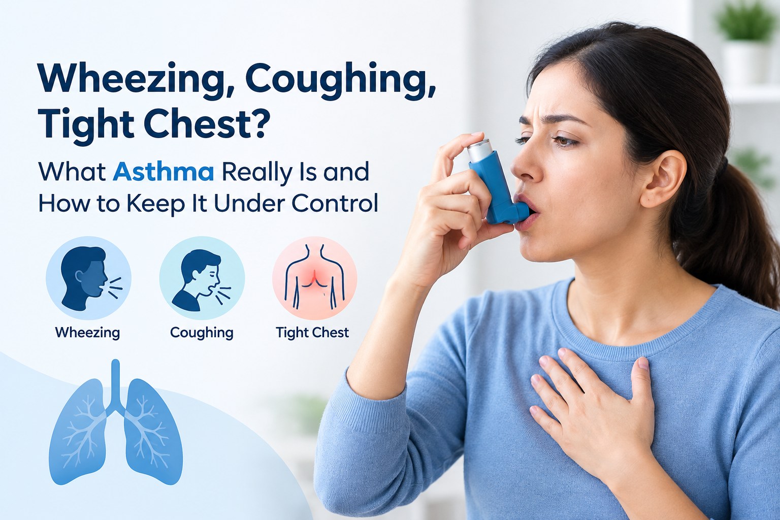 Illustration of lungs with branching airways beside an inhaler on a soft blue background