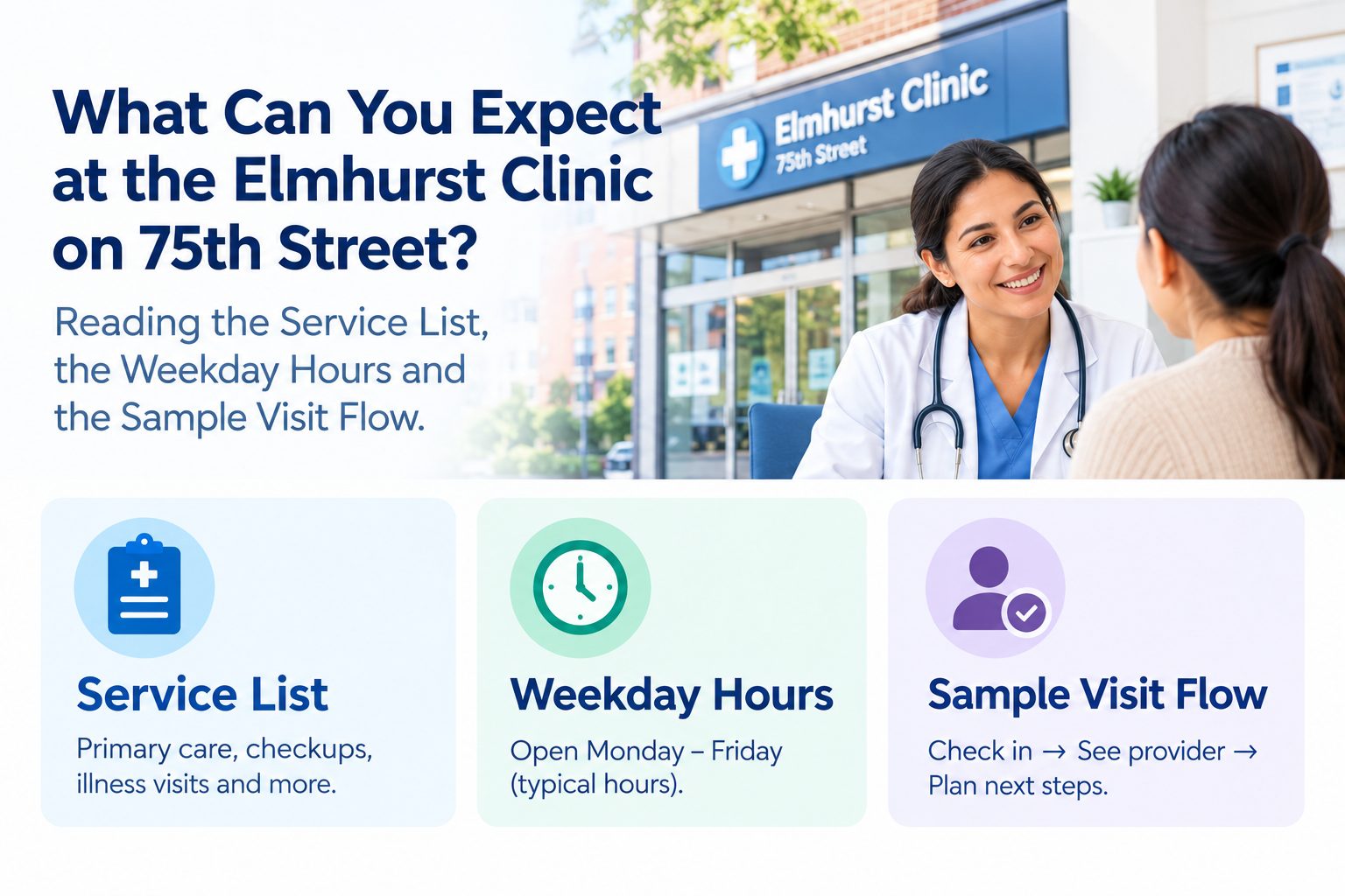 Illustration of a neighborhood clinic entrance with a clock, a subway sign and a welcoming door