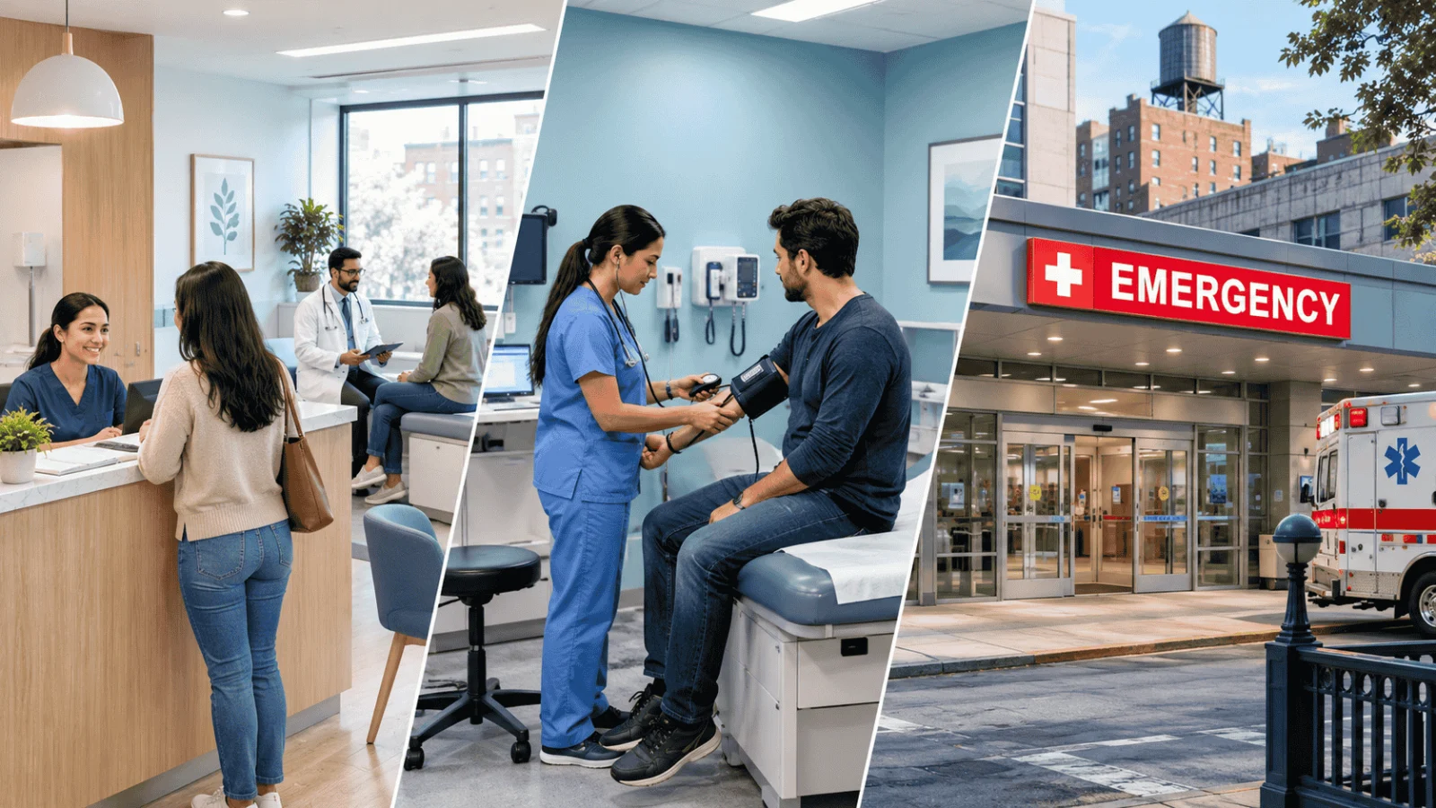 Illustration of a signpost with three paths leading to a clinic, an urgent care building and a hospital