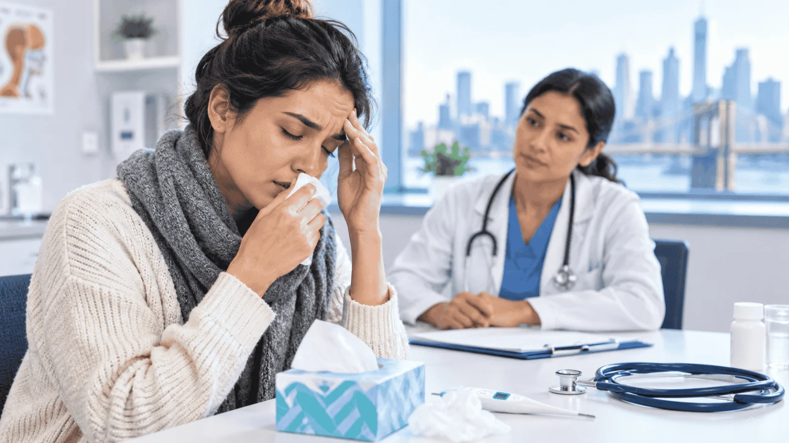 Illustration of a thermometer, tissue box and warm cup of tea for cold and flu season