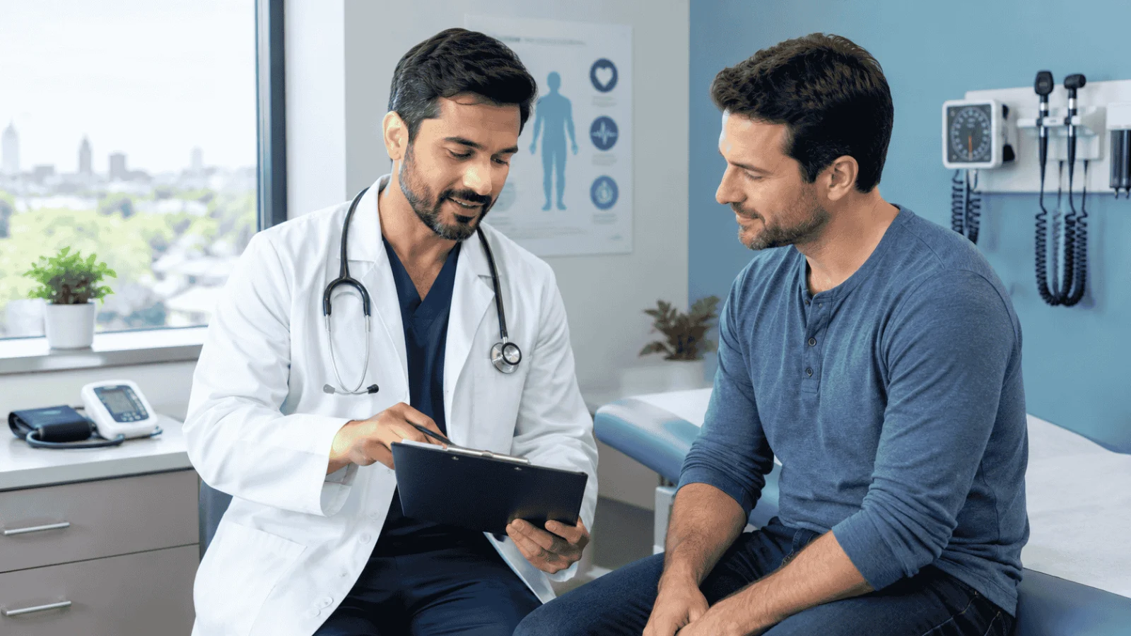 Illustration of a man with a heart and a shield beside a clipboard and a blood pressure gauge