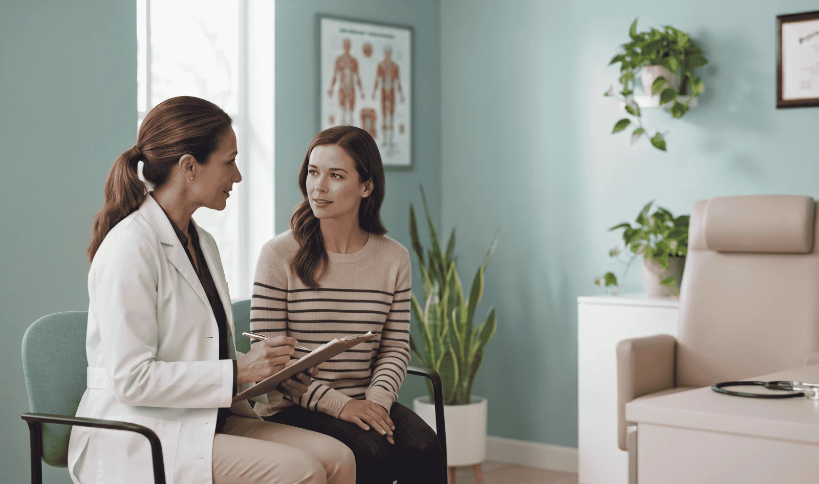 Illustration of two women with a heart, a calendar and a clipboard representing preventive women's health care