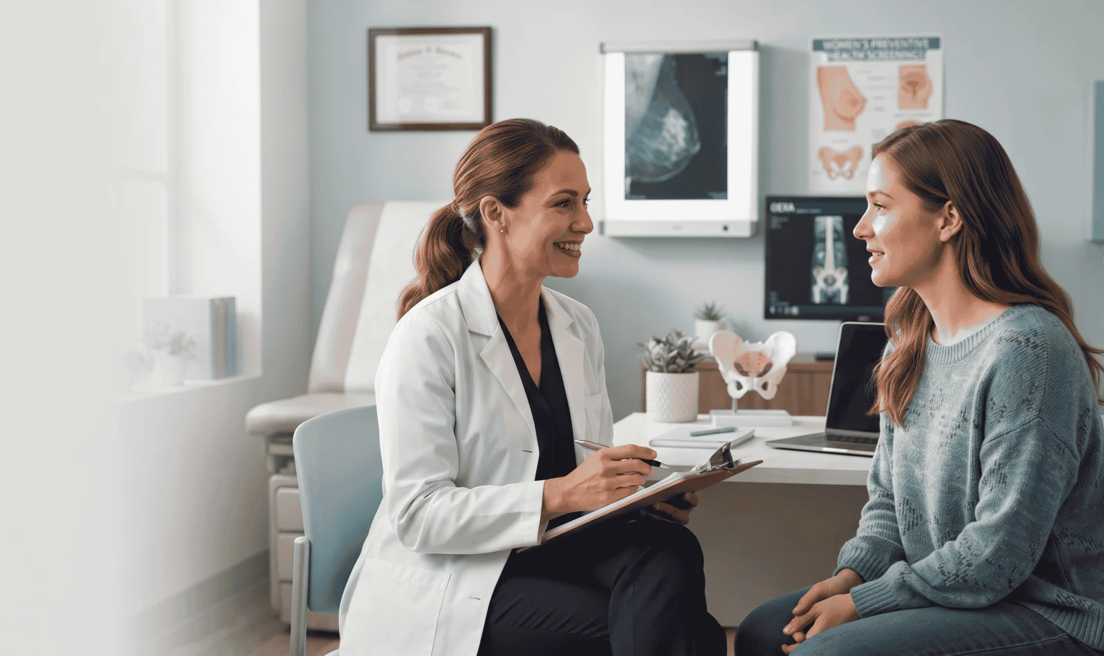 Illustration of a pink awareness ribbon, a bone and a calendar representing women's preventive screenings