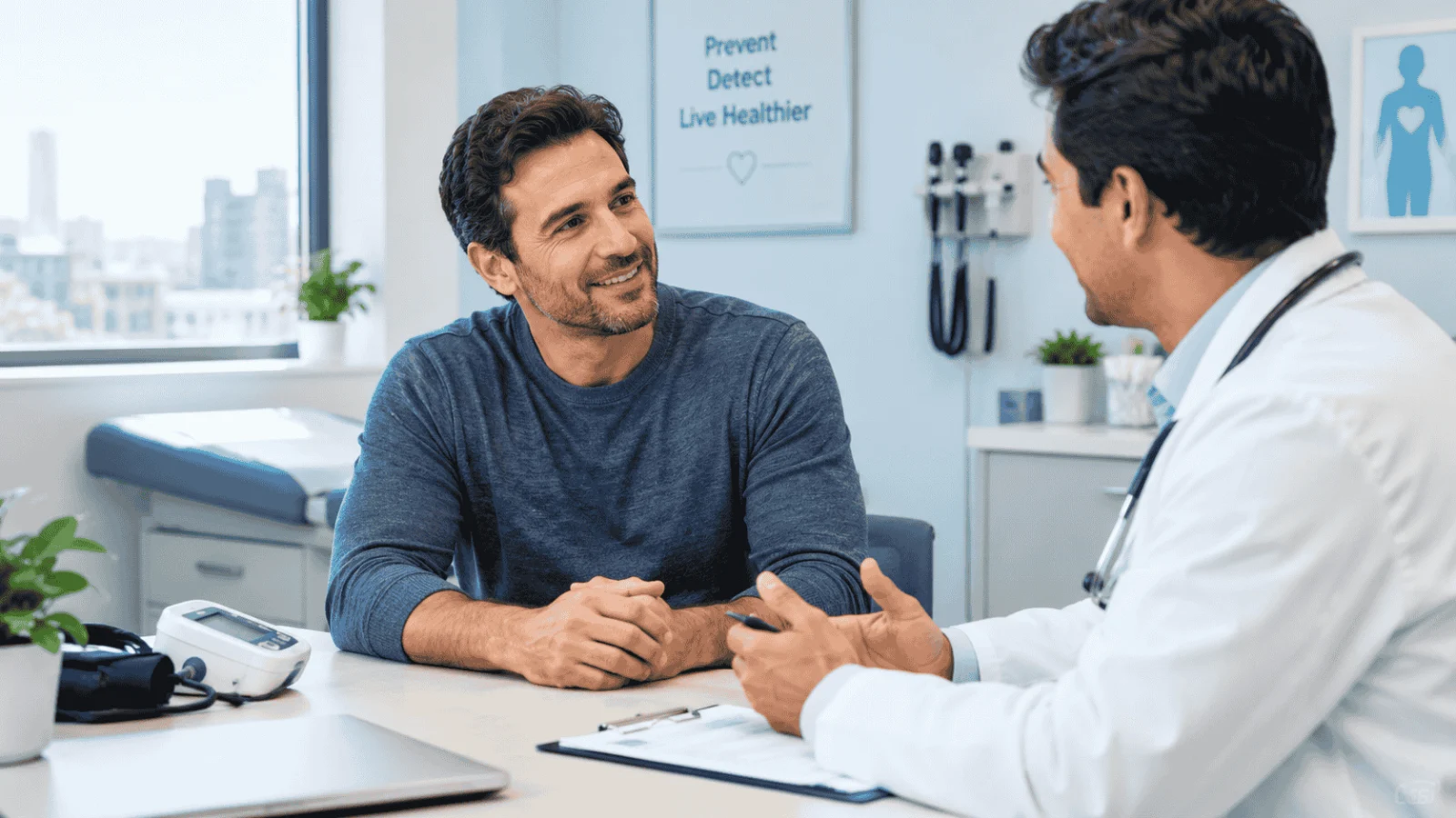 Illustration of a man checking a calendar and a clock, with a checkmark and a coffee cup, planning a doctor visit