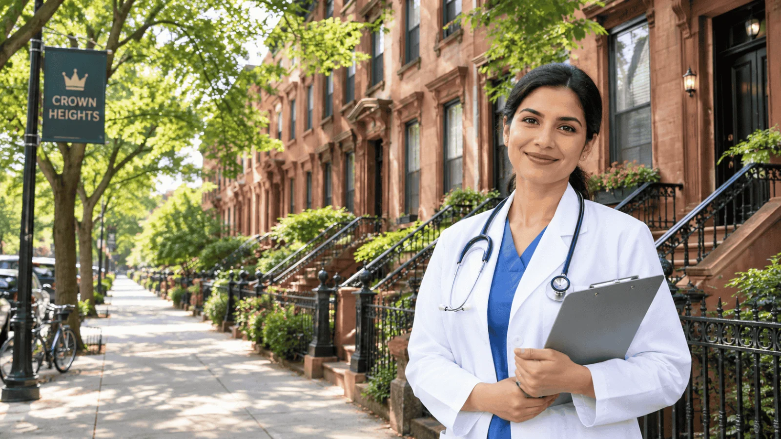 Illustration of Crown Heights brownstones on a tree-lined street with a doctor holding a clipboard