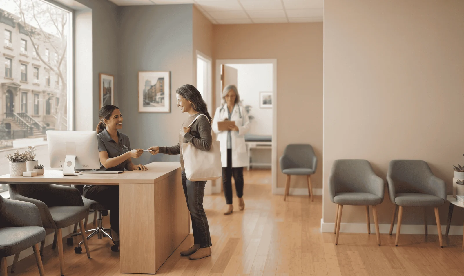 Illustration of a clinic door with an open sign next to a calendar and a clock showing the choice between walk-in and scheduled visits