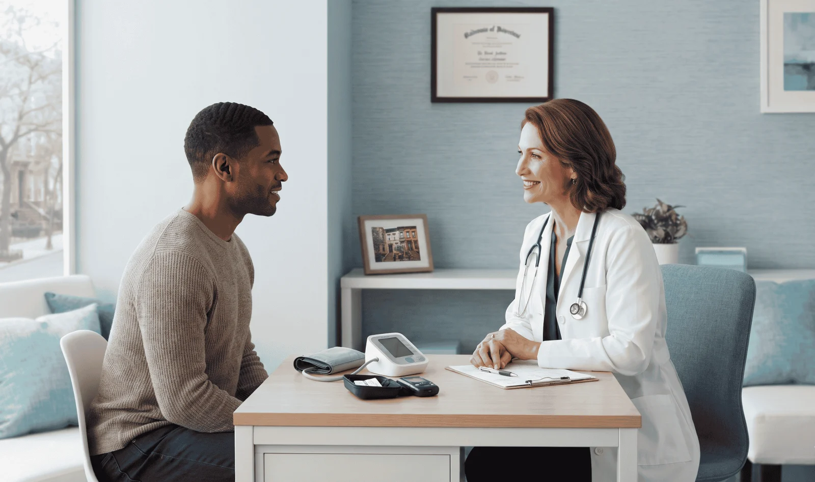 Illustration of a blood pressure gauge, a glucose meter and a heart beside a calendar of follow-up visits