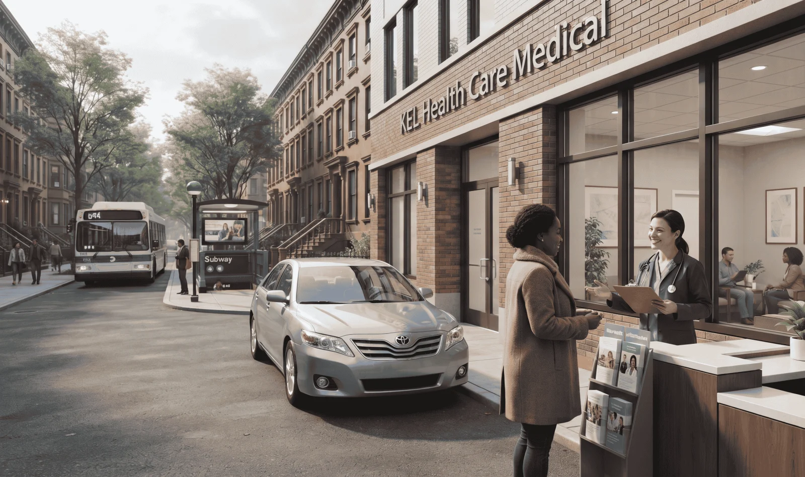 Illustration of a city bus, a subway sign and a parked car on a Brooklyn street leading to a clinic building