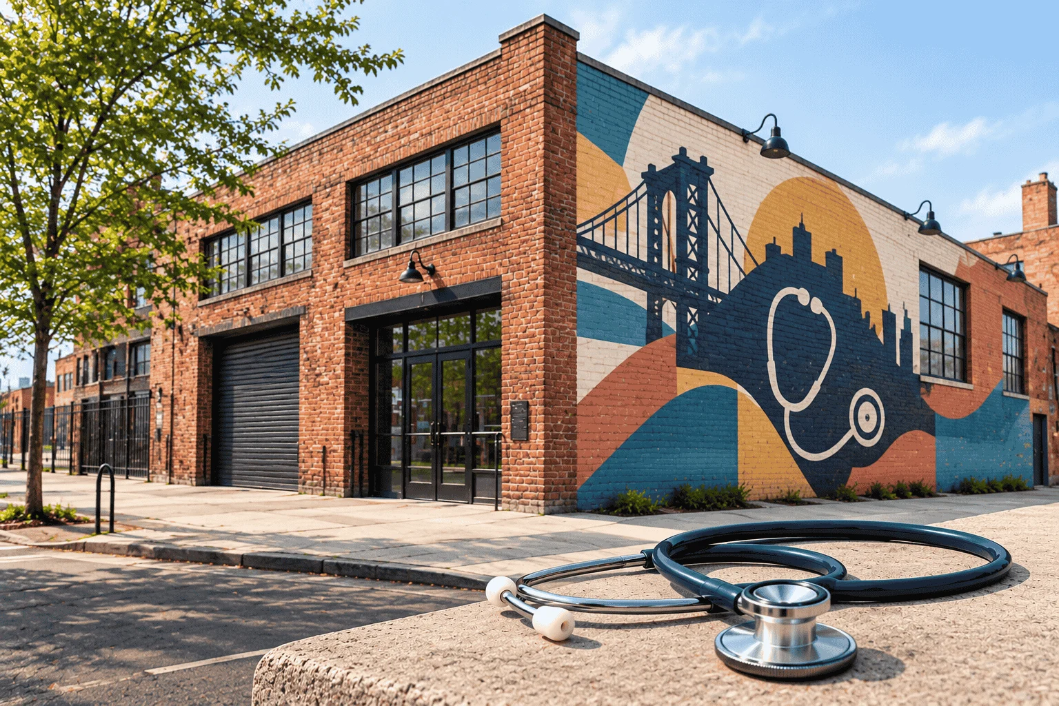 Illustration of a Bushwick brick warehouse with a colorful mural wall and a stethoscope