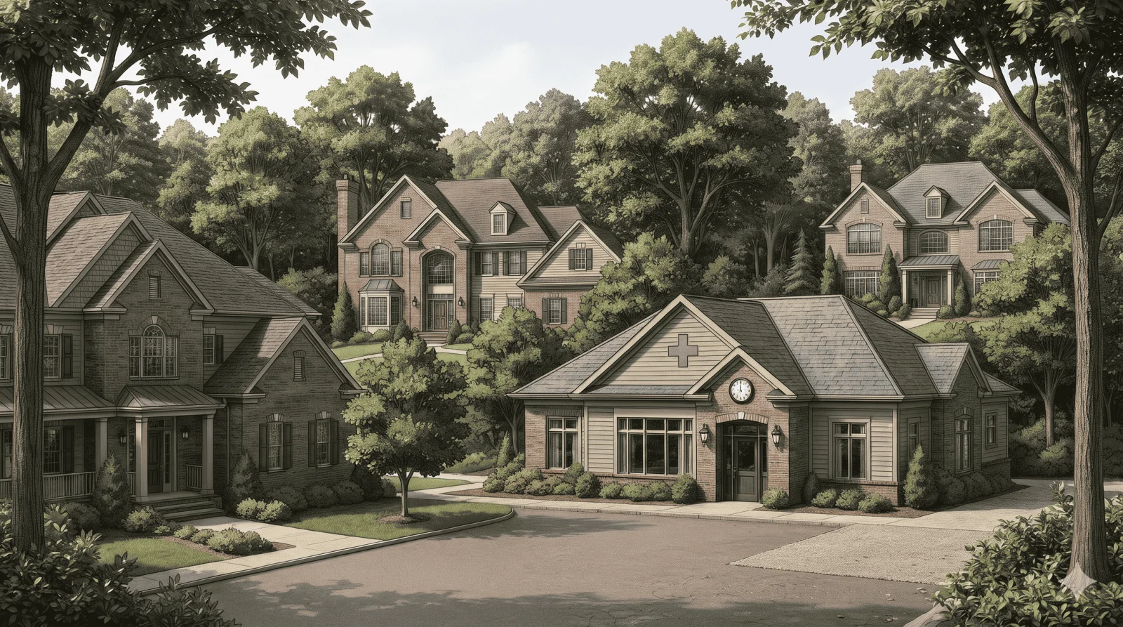 Illustration of a wooded Staten Island hilltop with large homes, a small clinic with a cross and a clock
